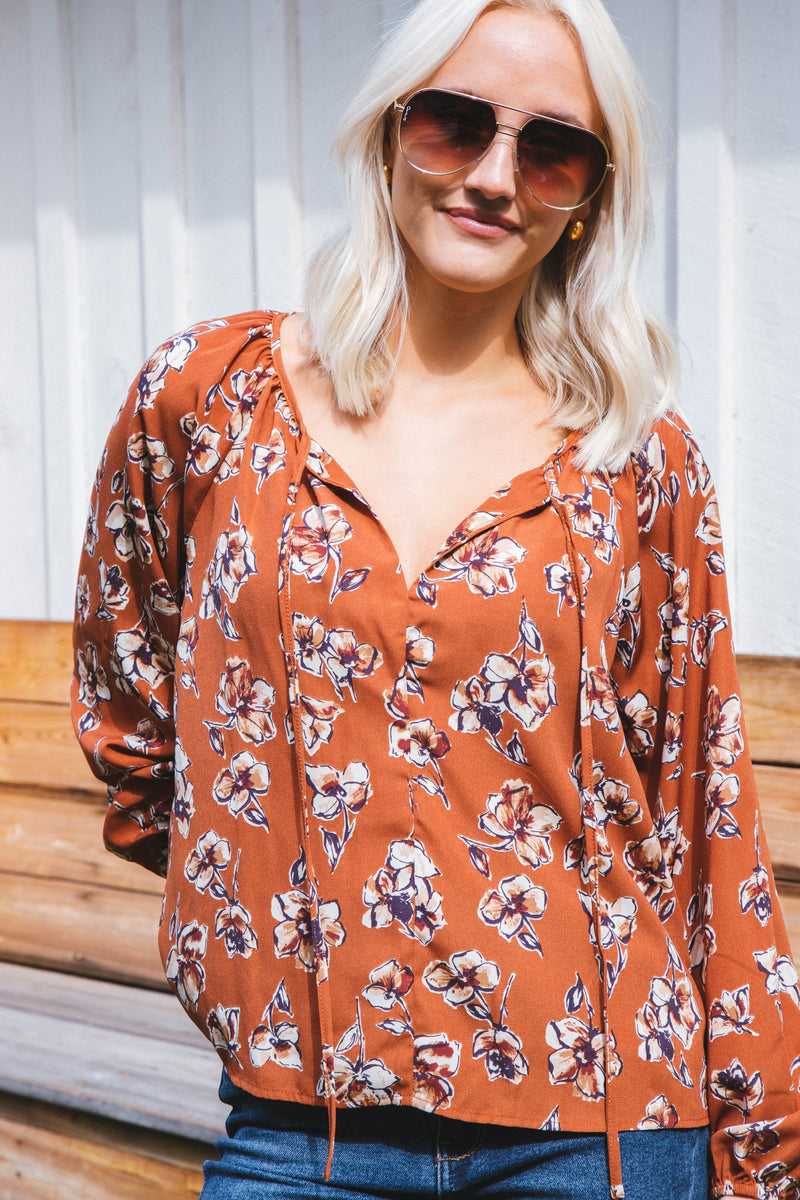 Ada Elise Long Sleeve Tie Neck Blouse, Camel Taupe