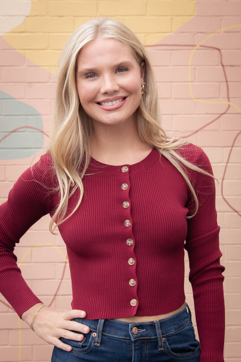 Josie Rib Knit Cropped Cardigan, Red Wood