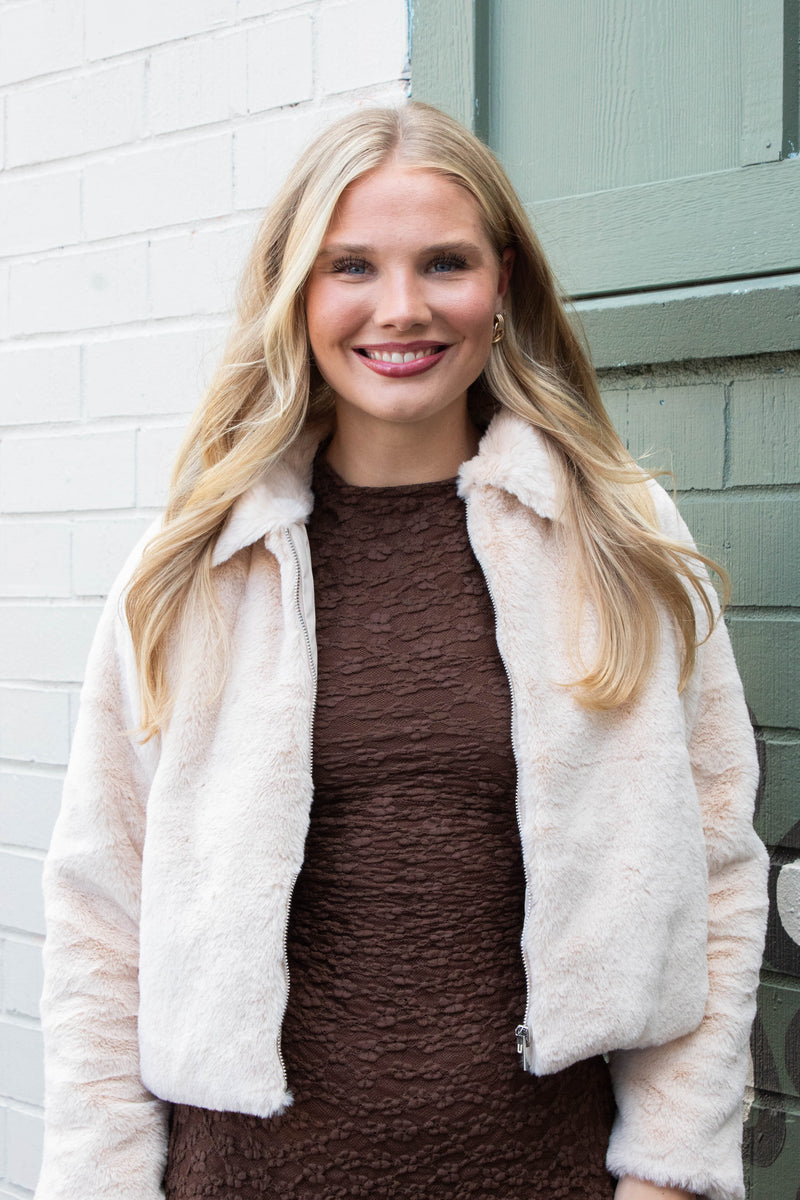 Libby Faux Fur Zip Up Jacket, Cream | Sadie & Sage