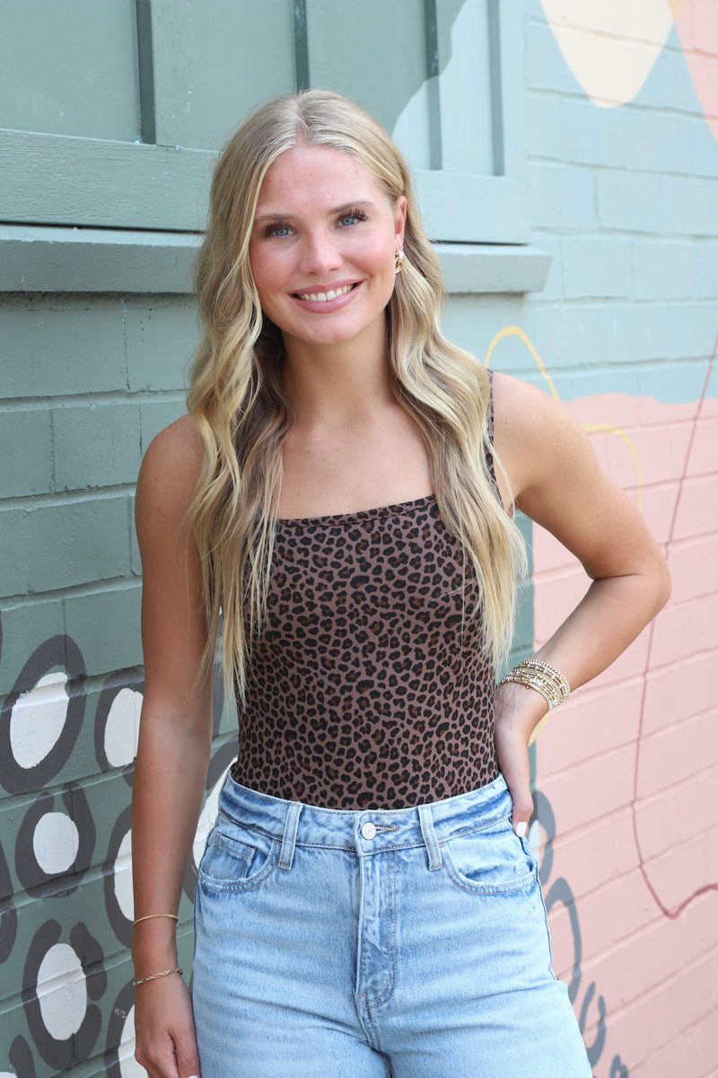 Madisyn Leopard Square Neck Bodysuit, Brown Multi
