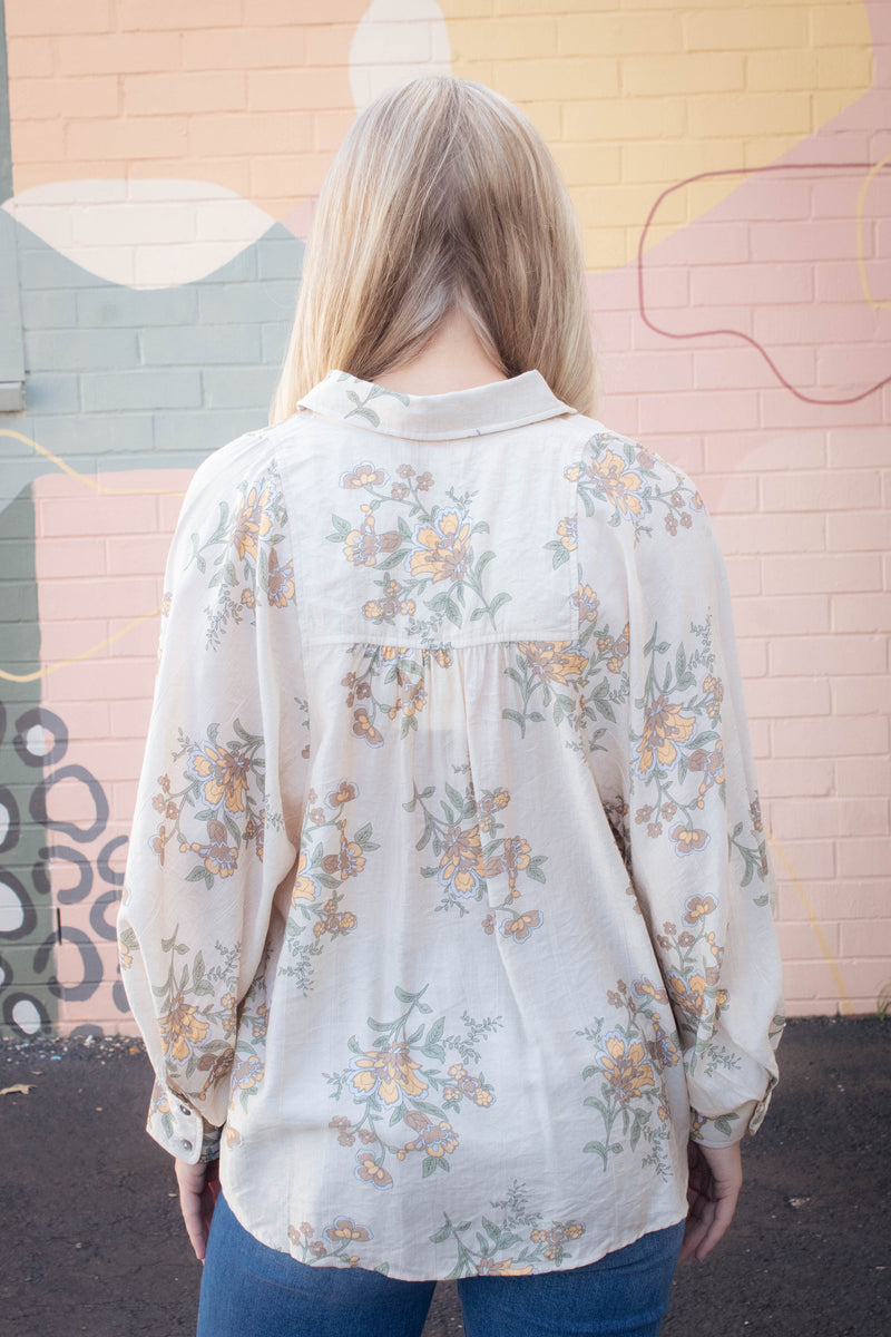 Lucy Button Down Floral Top, Ecru