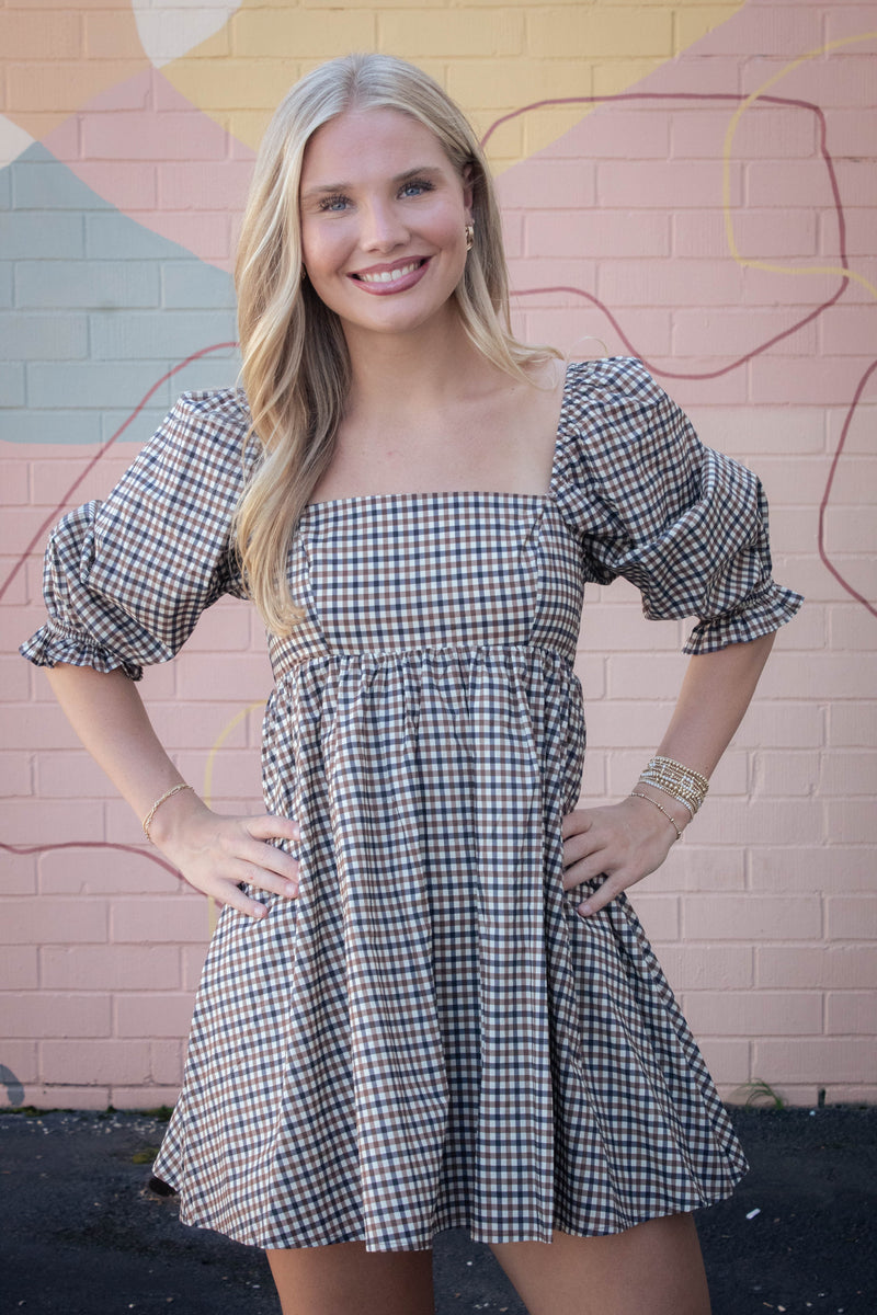 Rumi Square Neck Plaid Mini Dress, Navy/Brown