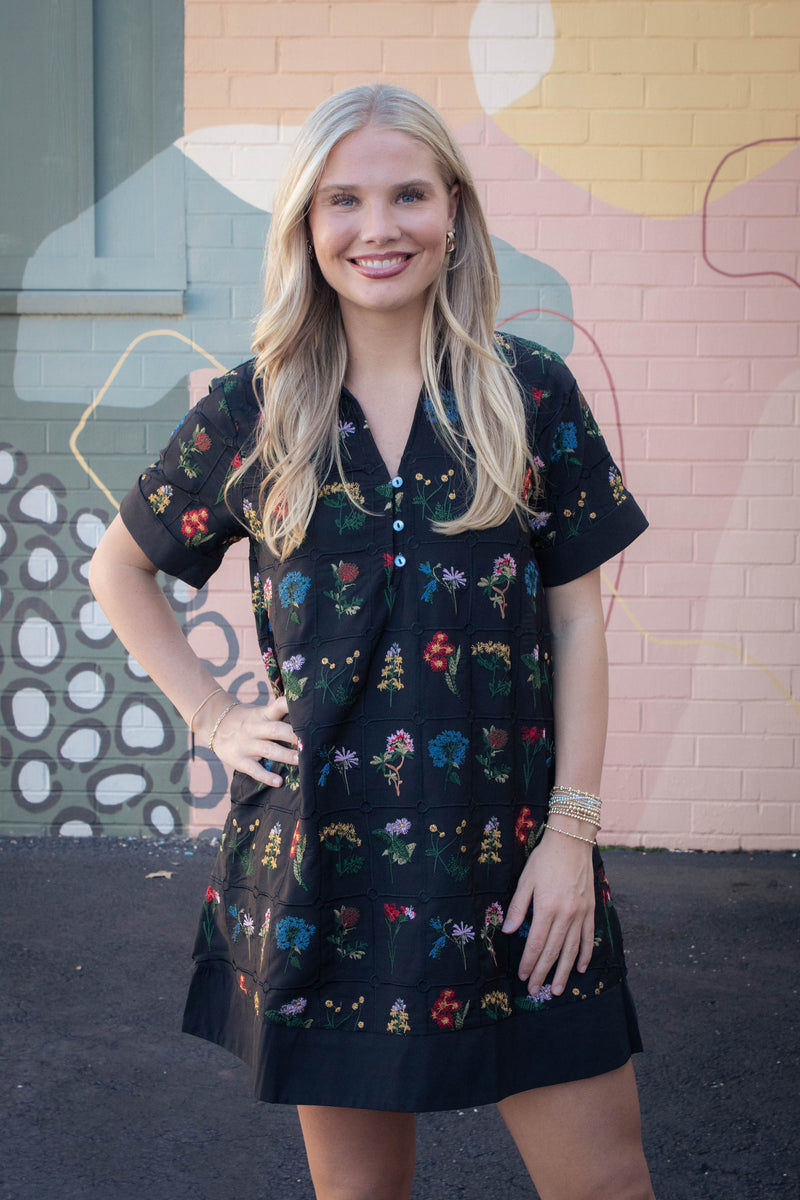 Abigail Floral Embroidered Dress, Black
