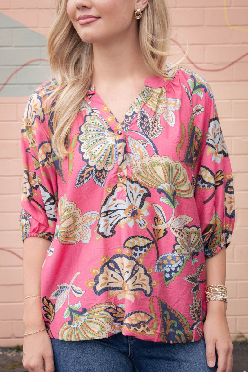 Cecilia Printed Half Sleeve Blouse, Pink