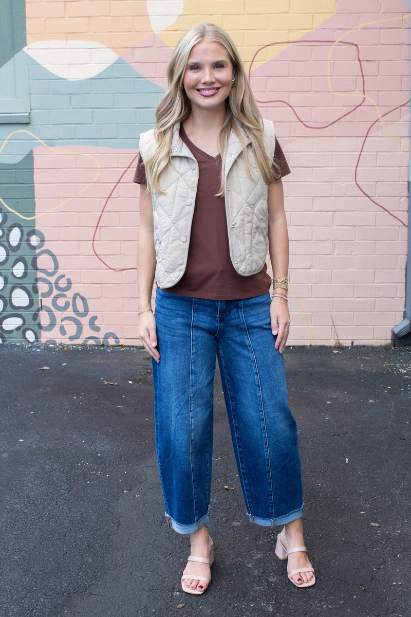 Sara Snap Button Quilted Vest, Khaki
