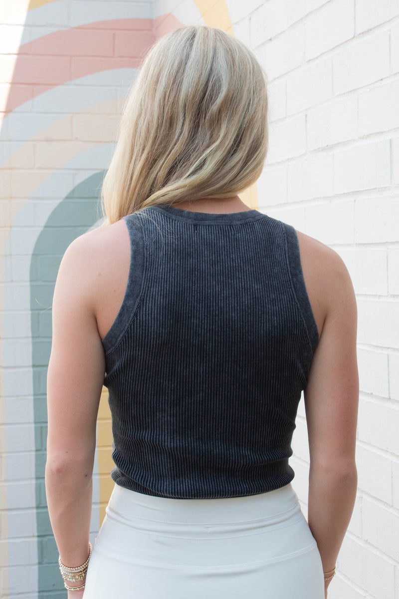 Elowen Washed Ribbed Tank Top, Charcoal