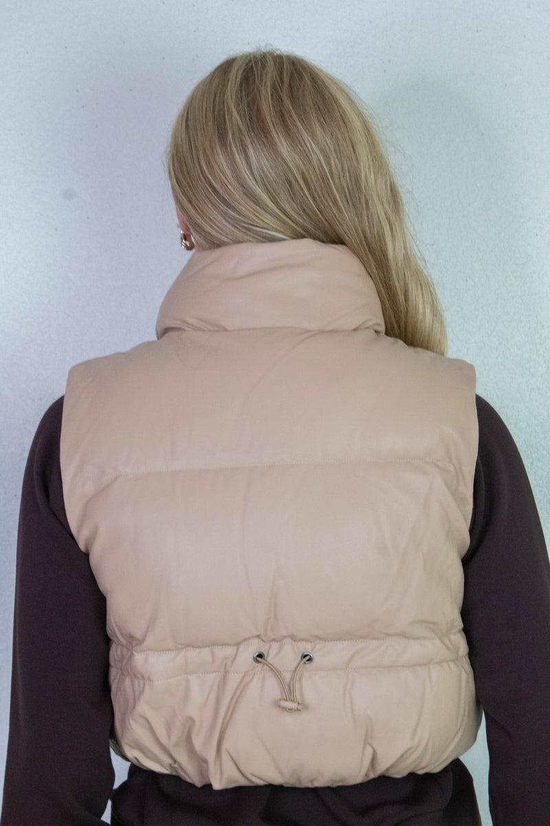 Sofia Cropped Puff Vest, Dark Taupe
