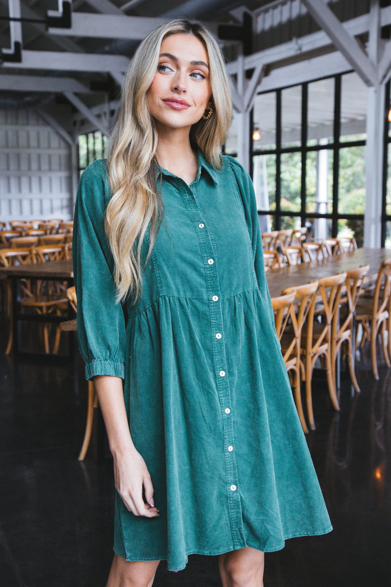 Lassen Corduroy Button Up Dress, Evergreen