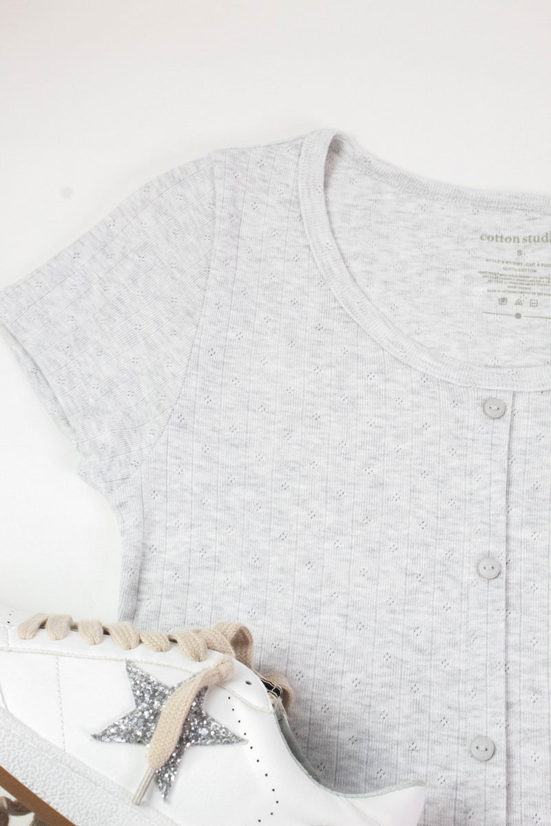 Georgia Faux Button Pointelle Top, Light Heather Grey
