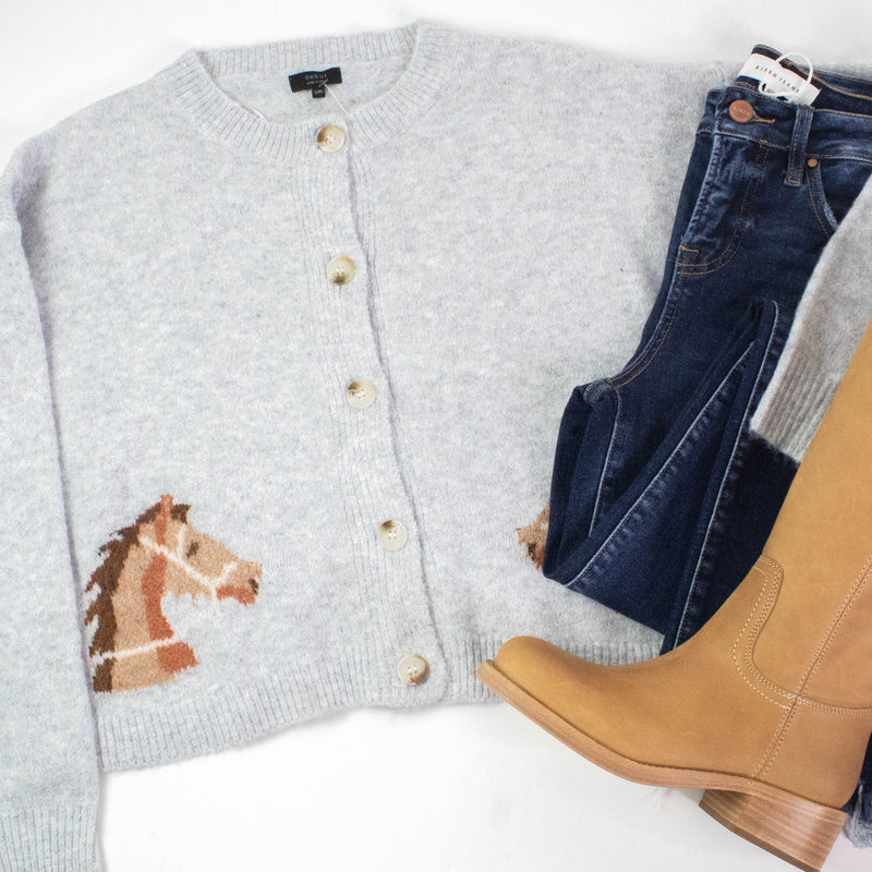 Horse Print Button Up Cardigan, Grey