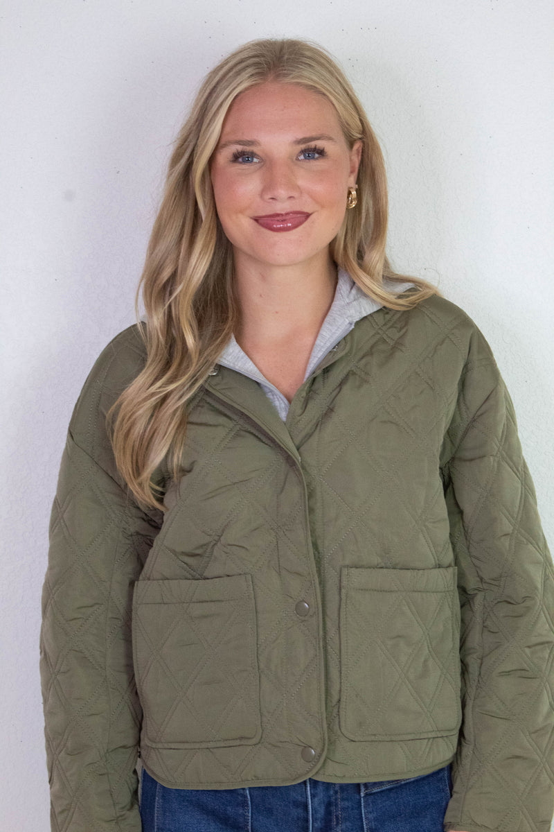 Iris Quilted Contrast Hood Jacket, Olive