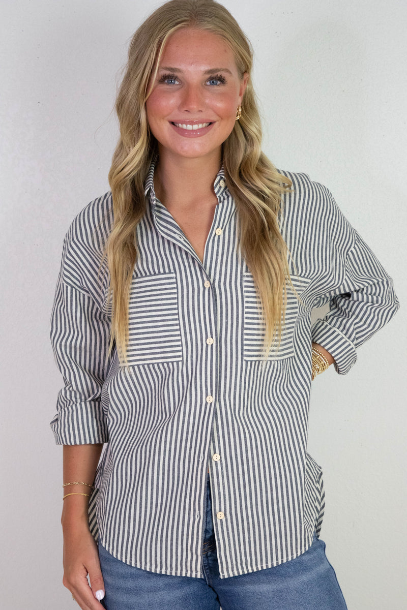 Rachel Striped Button Down Shirt, Navy
