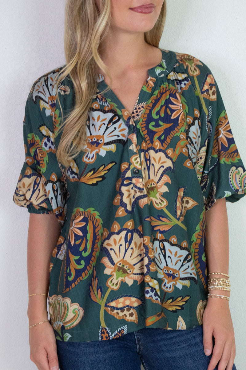 Cecilia Printed Half Sleeve Blouse, Teal