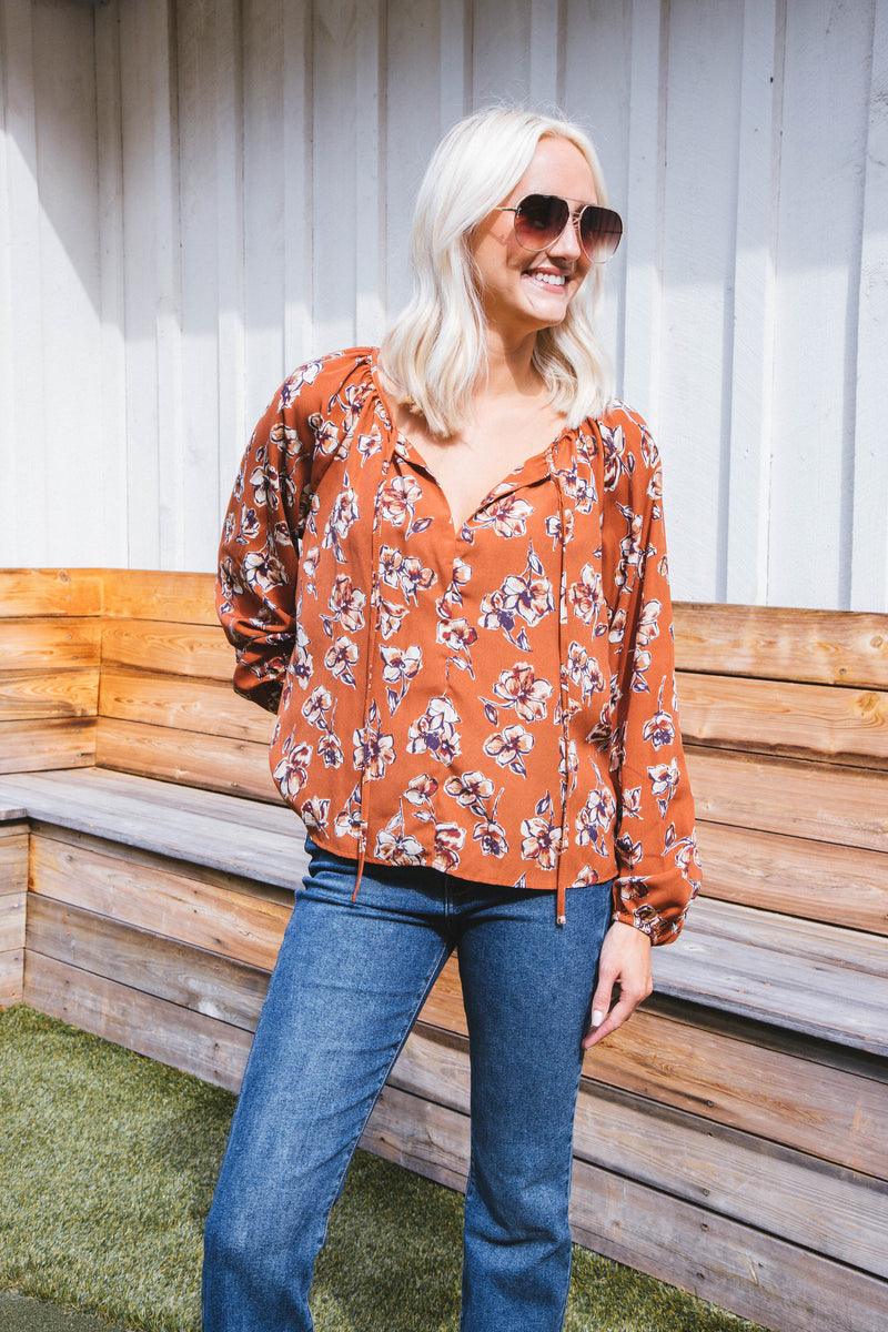 Ada Elise Long Sleeve Tie Neck Blouse, Camel Taupe
