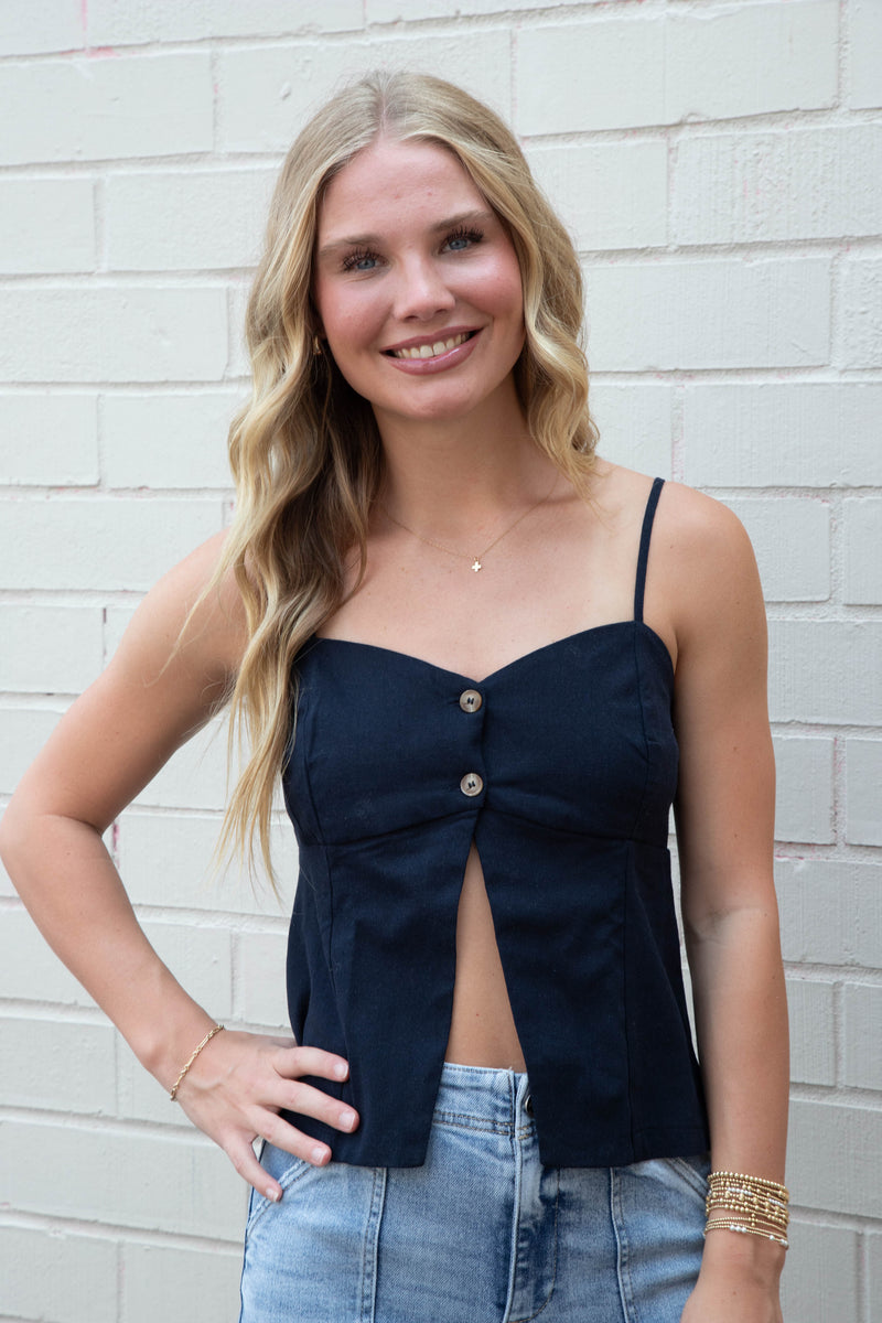 Elowyn Spaghetti Strap Split Hem Top, Navy