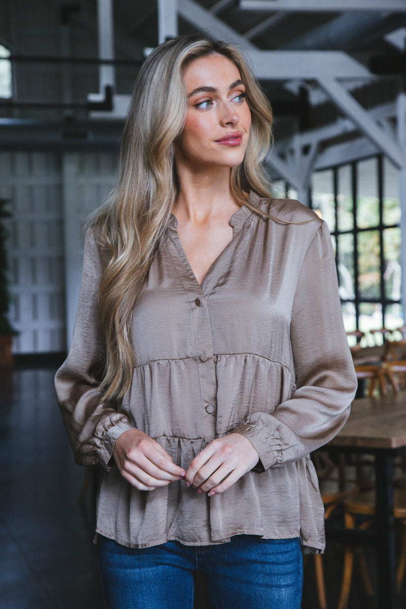 Araya Long Sleeve Tiered Button Down Top, Taupe