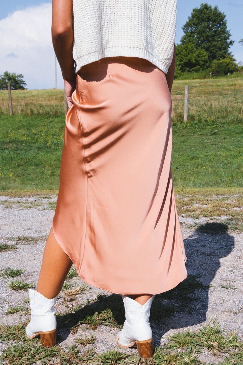 Sweet Dreams Satin Tulip Midi Skirt, Light Sienna