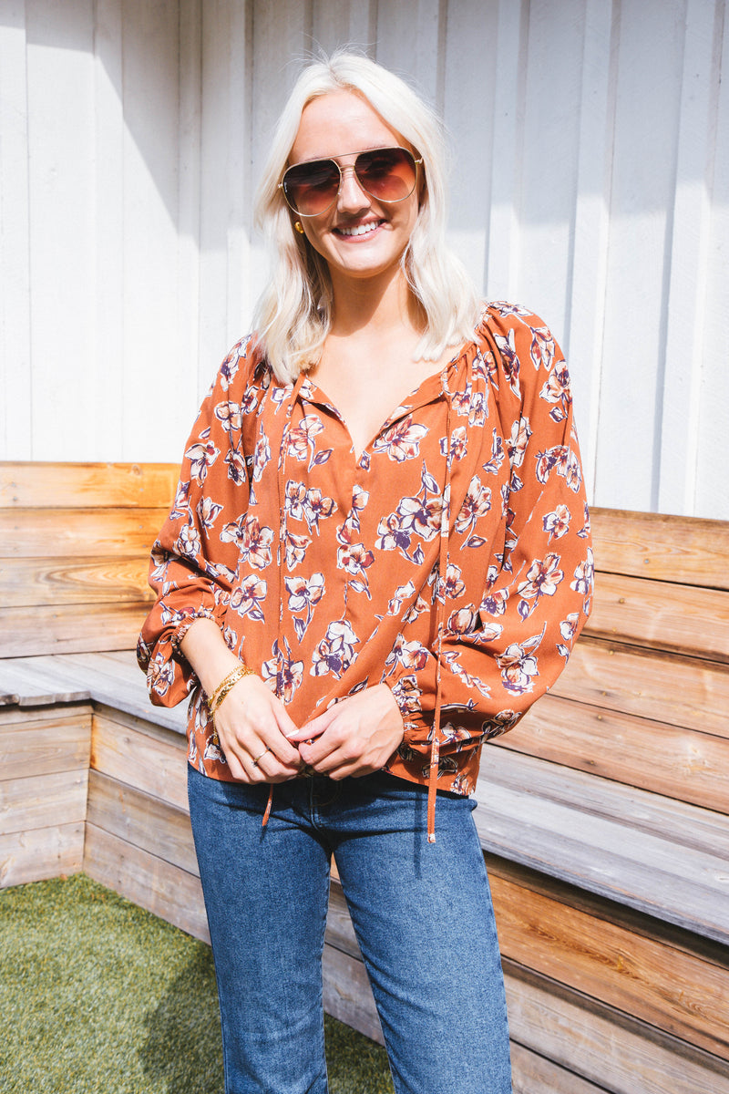Ada Elise Long Sleeve Tie Neck Blouse, Camel Taupe