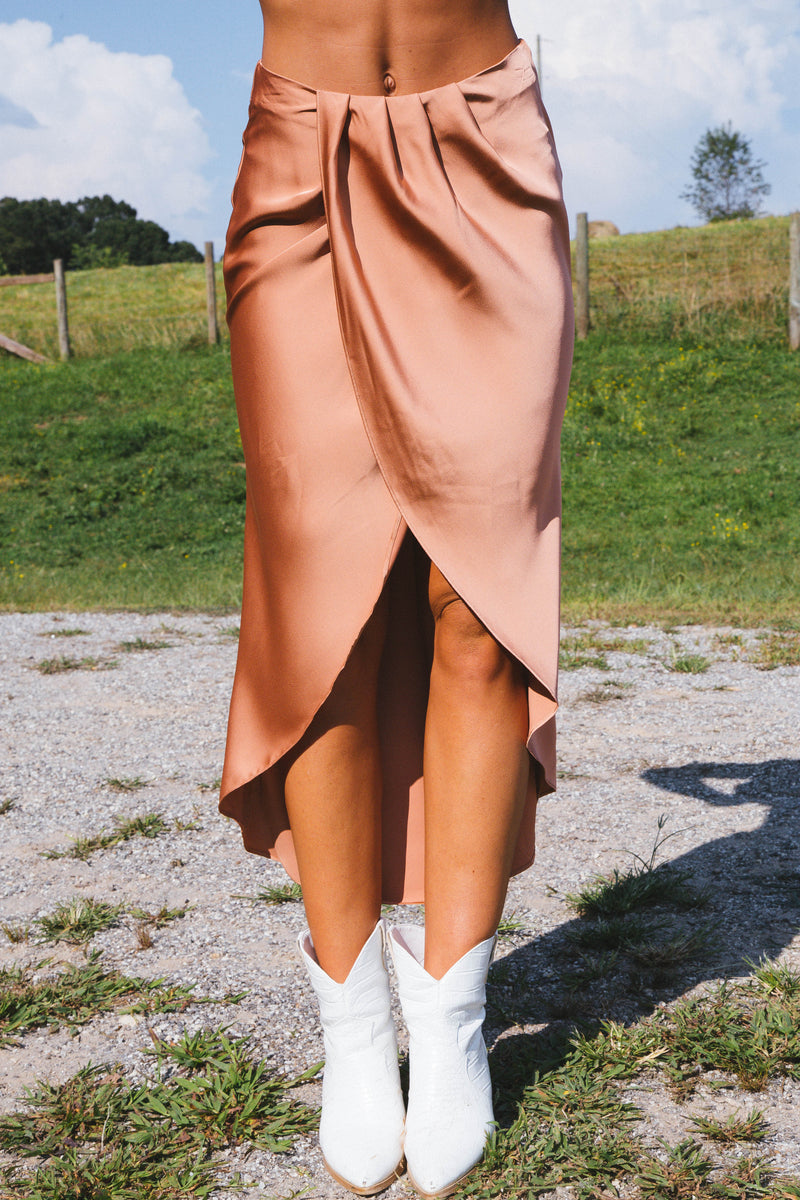 Sweet Dreams Satin Tulip Midi Skirt, Light Sienna