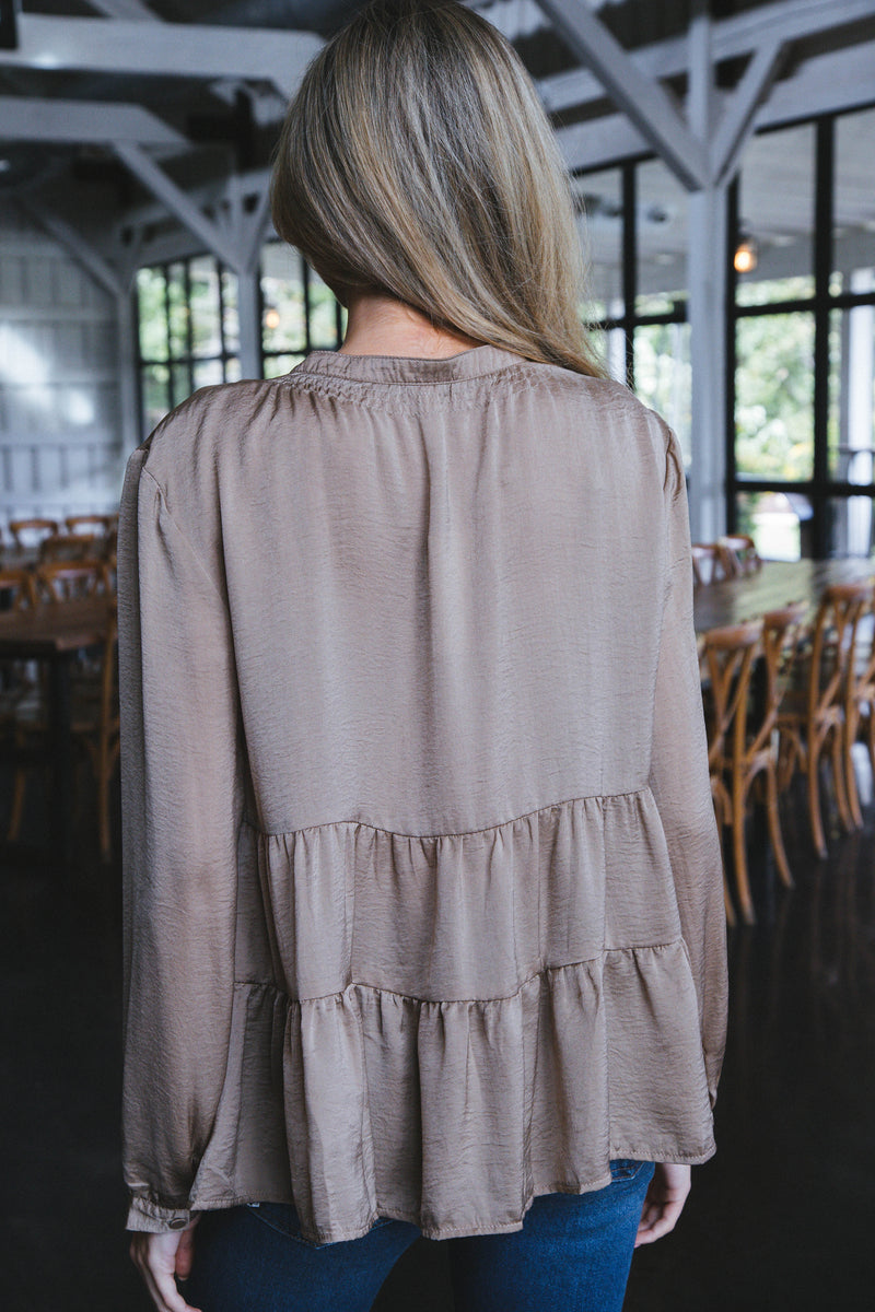 Araya Long Sleeve Tiered Button Down Top, Taupe
