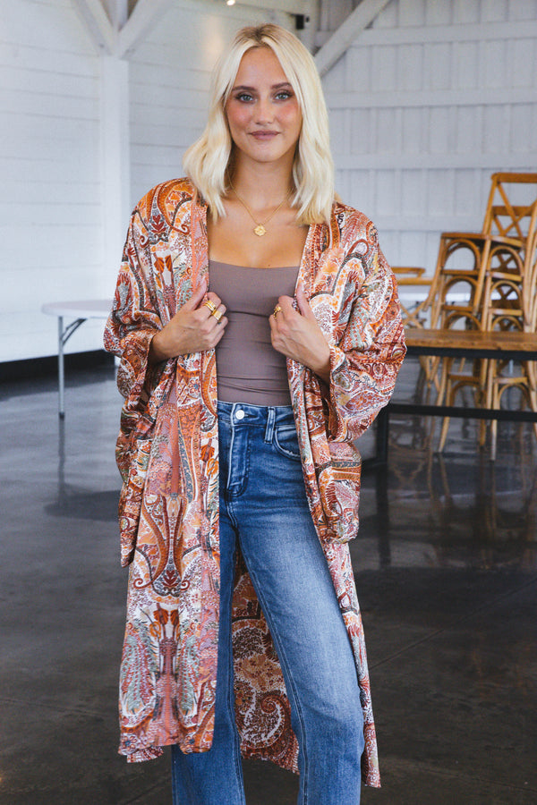 Dori Satin Printed Kimono Cardigan, Rust Multi