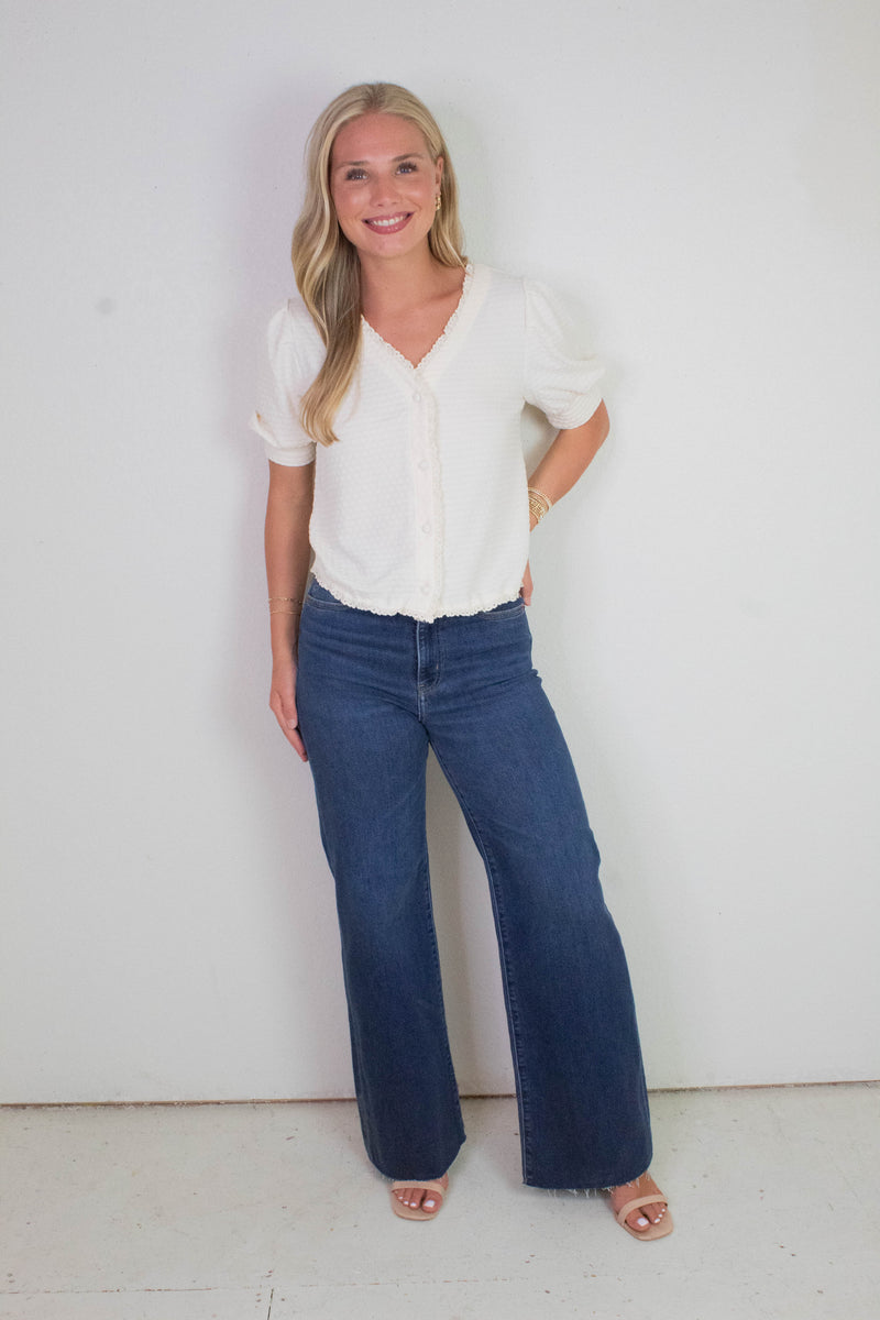 Esther Textured Lace Trim Top, Off White
