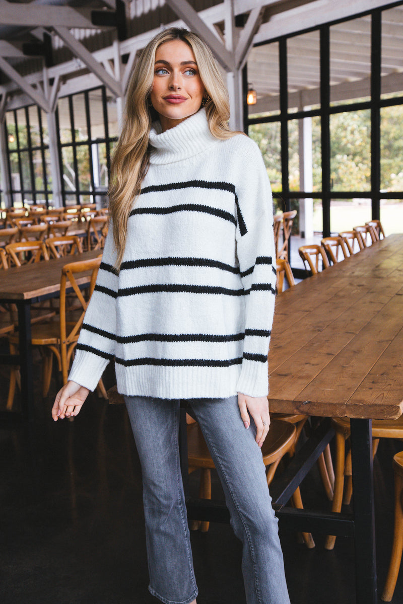 Tatum Striped Turtleneck Sweater, White/Black