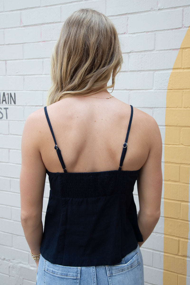 Elowyn Spaghetti Strap Split Hem Top, Navy