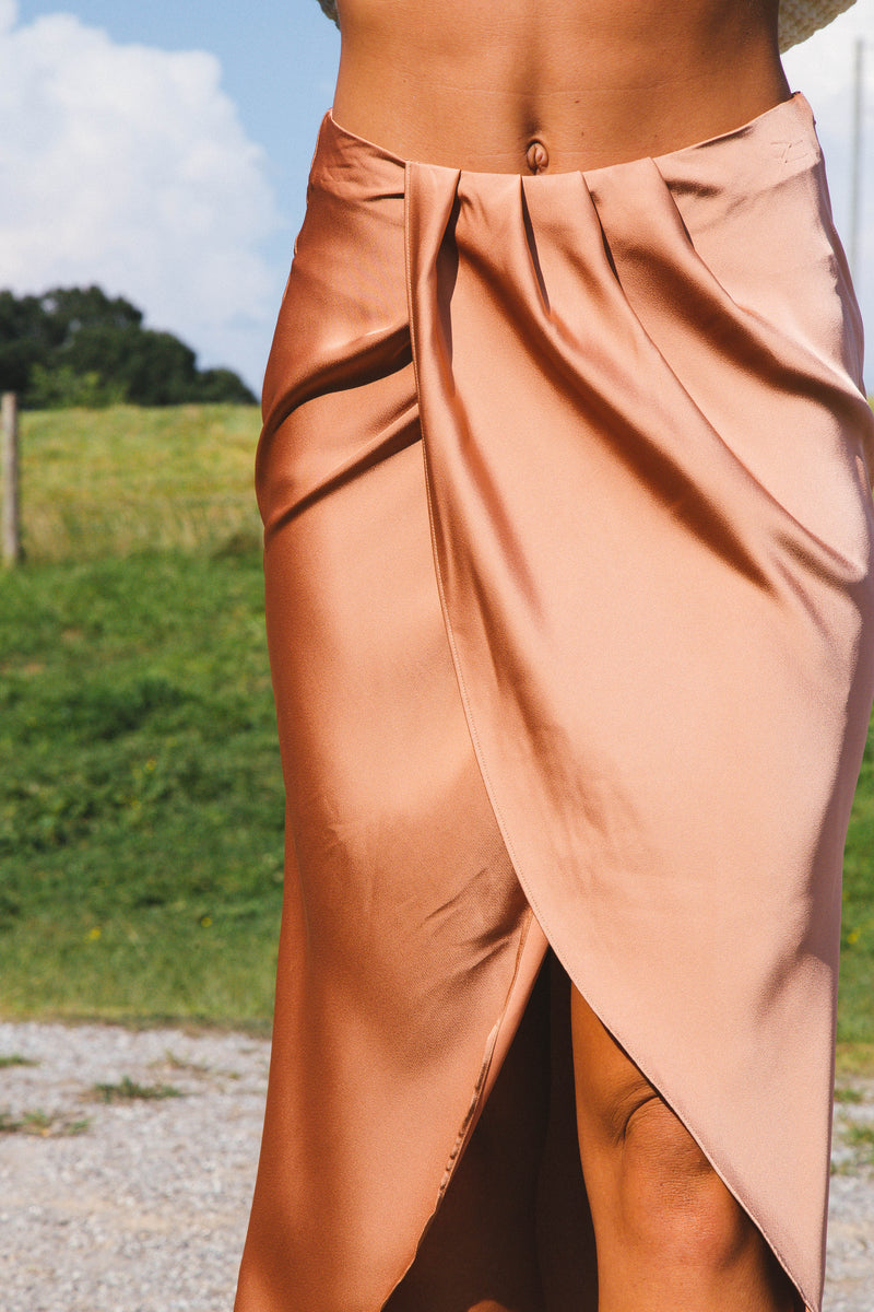 Sweet Dreams Satin Tulip Midi Skirt, Light Sienna