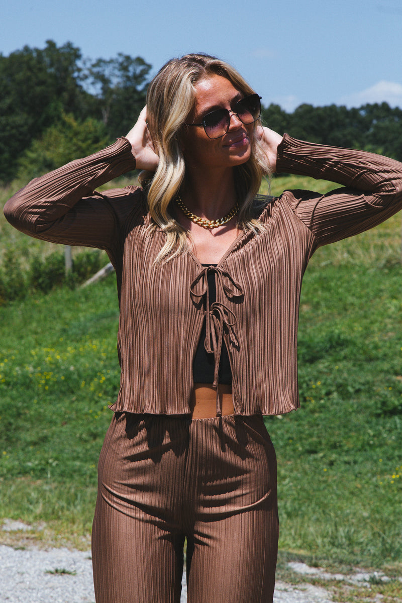 Spice It Up Plisse Cardigan Top, Brown