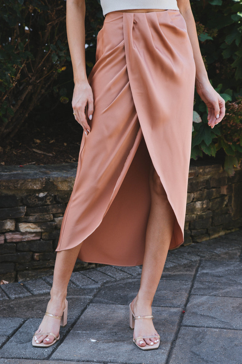 Sweet Dreams Satin Tulip Midi Skirt, Light Sienna