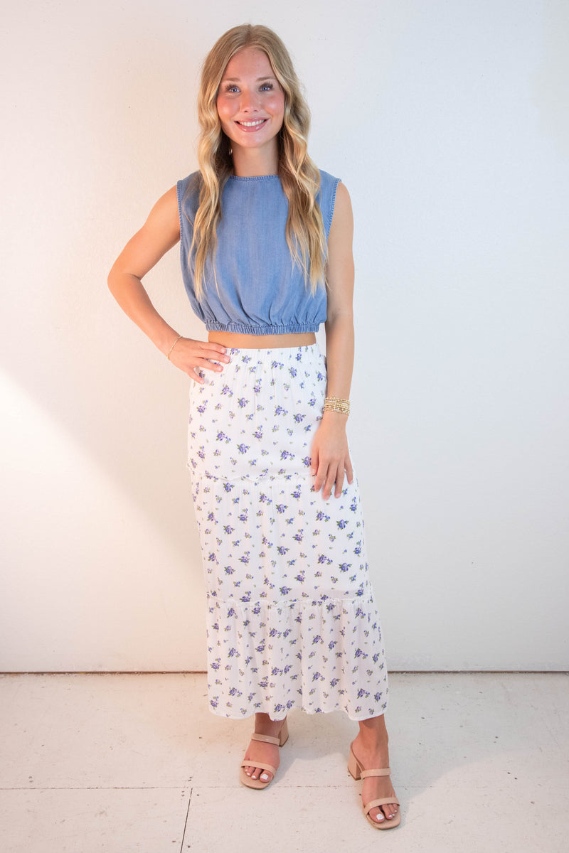 Charli Floral Tiered Midi Skirt, Blue
