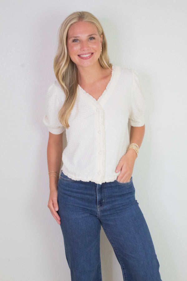 Esther Textured Lace Trim Top, Off White