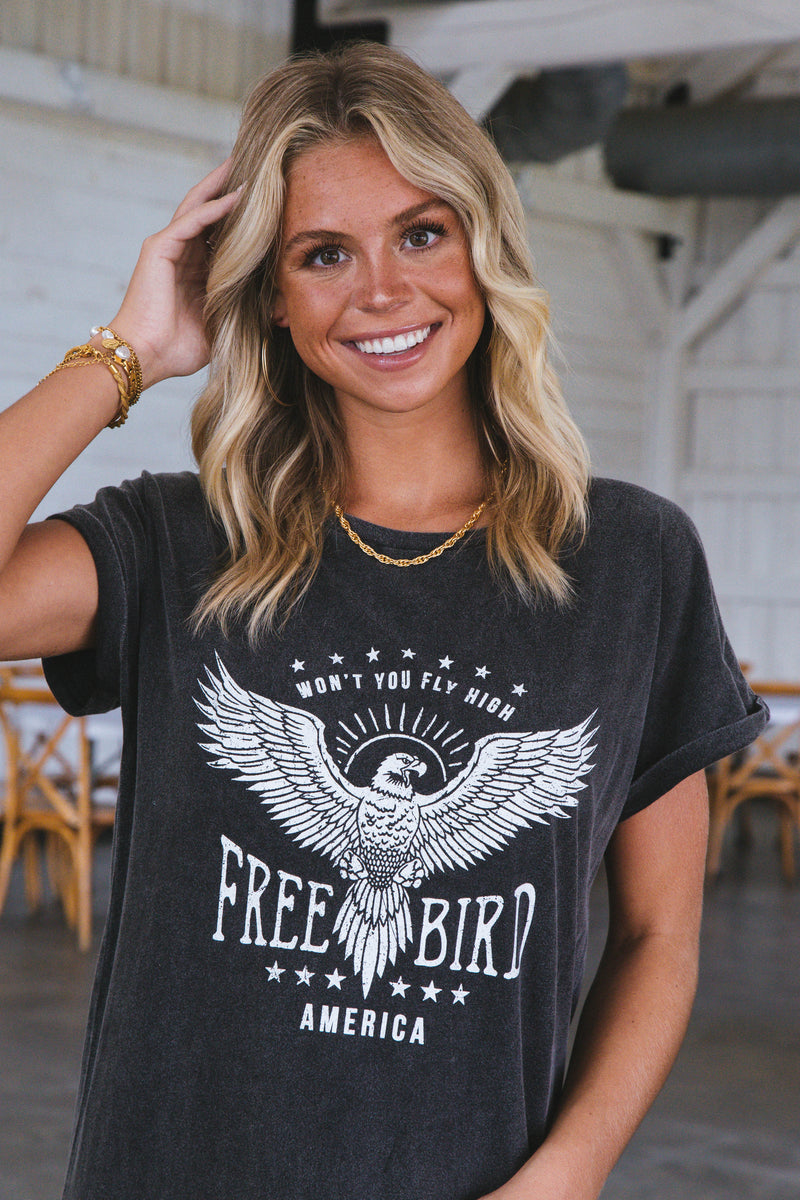Free Bird Graphic T-Shirt Dress, Black