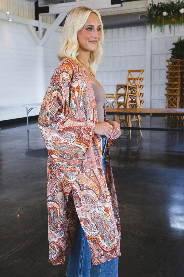Dori Satin Printed Kimono Cardigan, Rust Multi