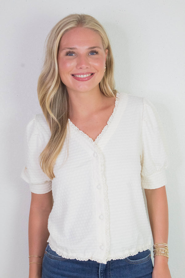 Esther Textured Lace Trim Top, Off White