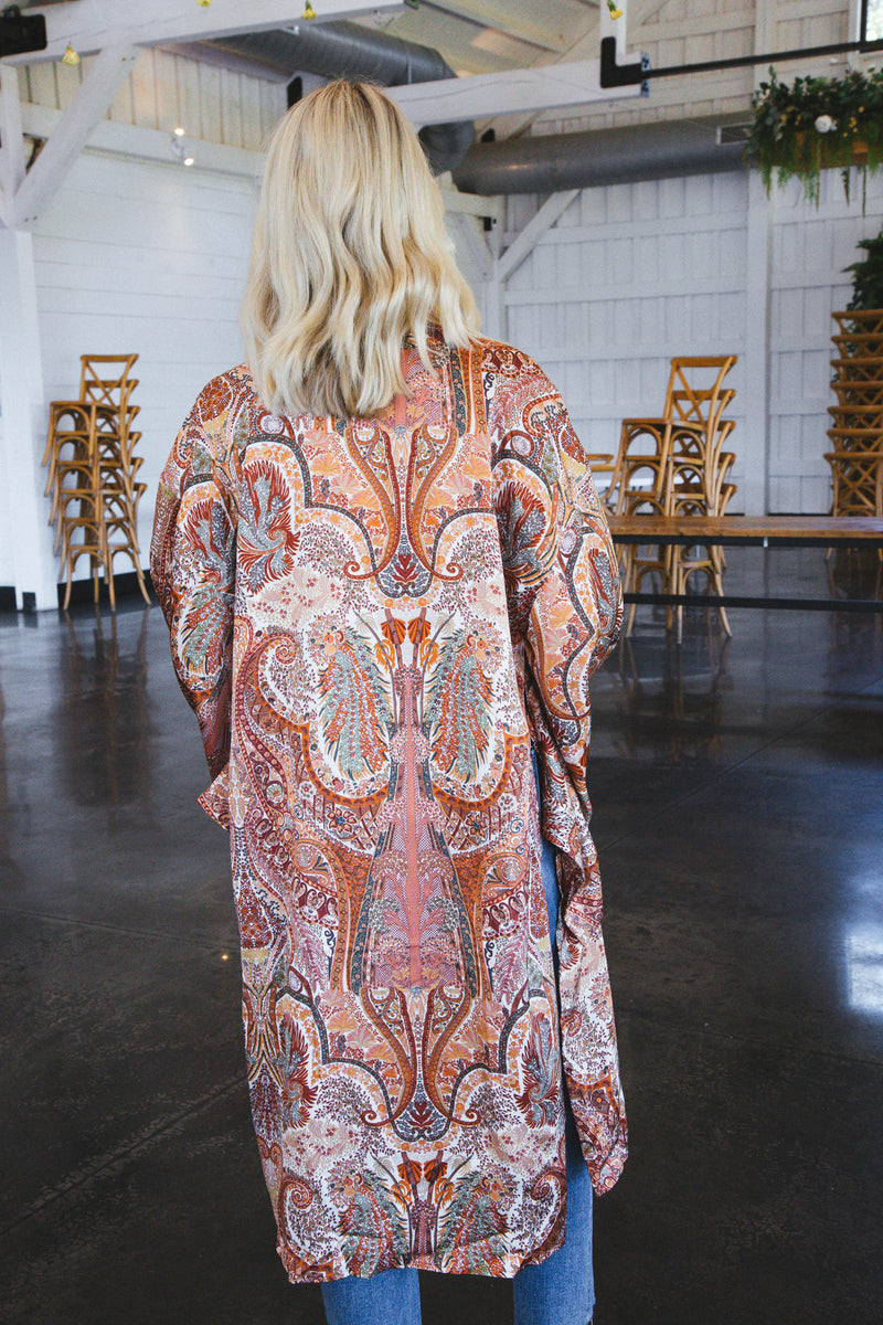 Dori Satin Printed Kimono Cardigan, Rust Multi