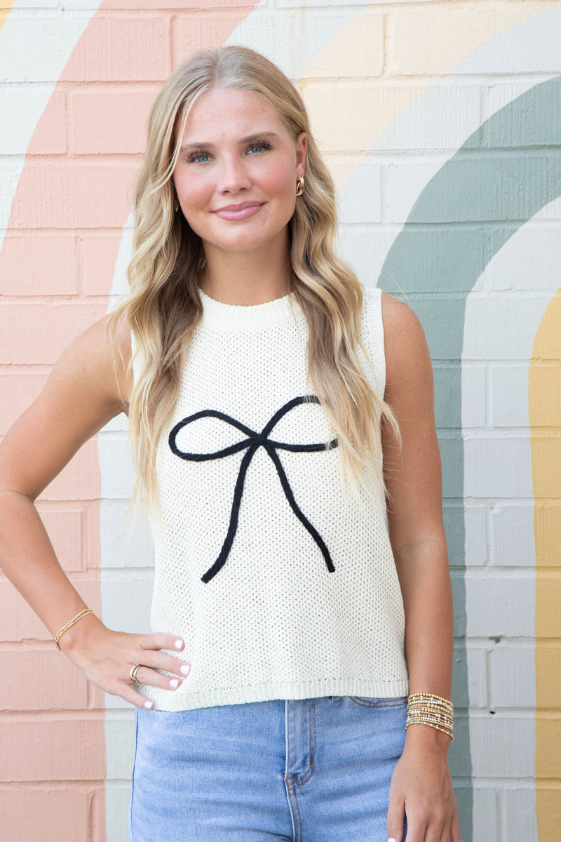 Joelle Bow Embroidered Sweater Tank, Off White