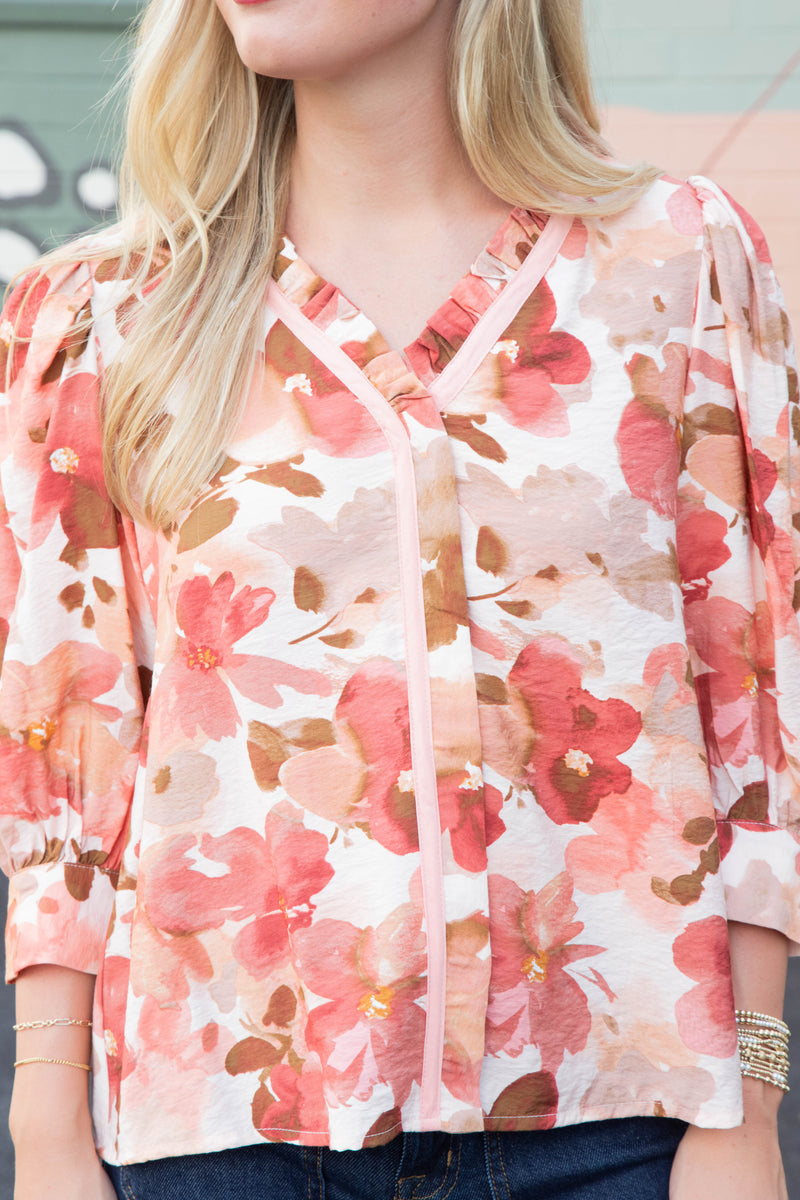 Genevieve Contrast Piping Floral Blouse, Cranberry