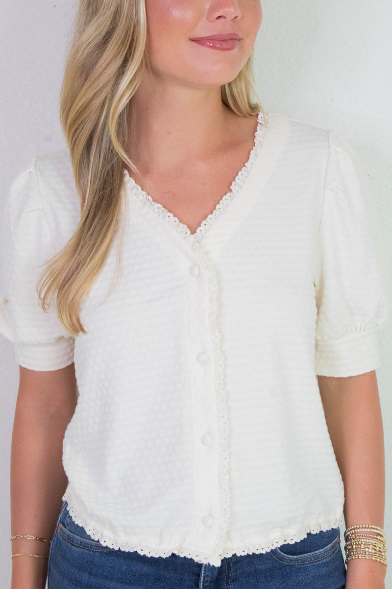 Esther Textured Lace Trim Top, Off White