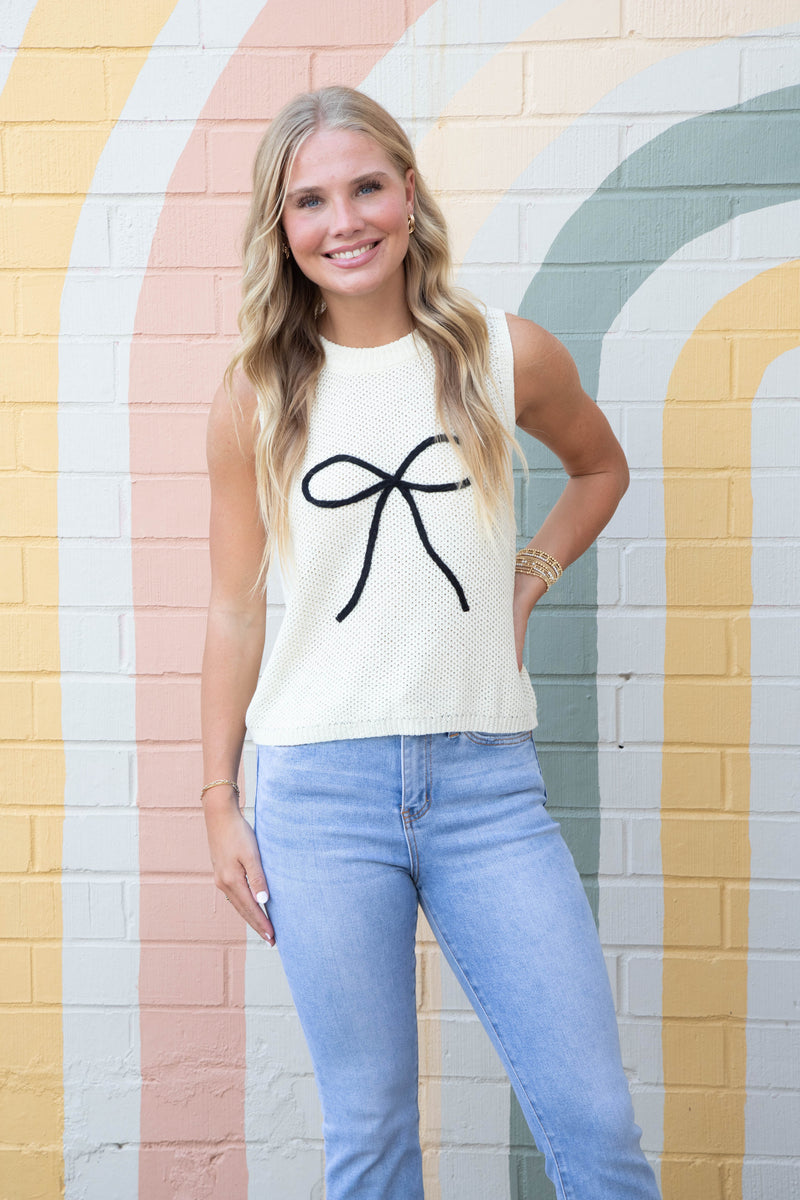 Joelle Bow Embroidered Sweater Tank, Off White