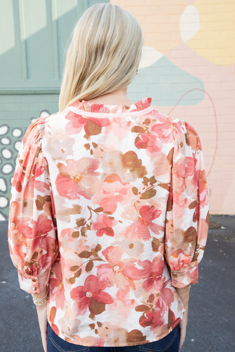 Genevieve Contrast Piping Floral Blouse, Cranberry