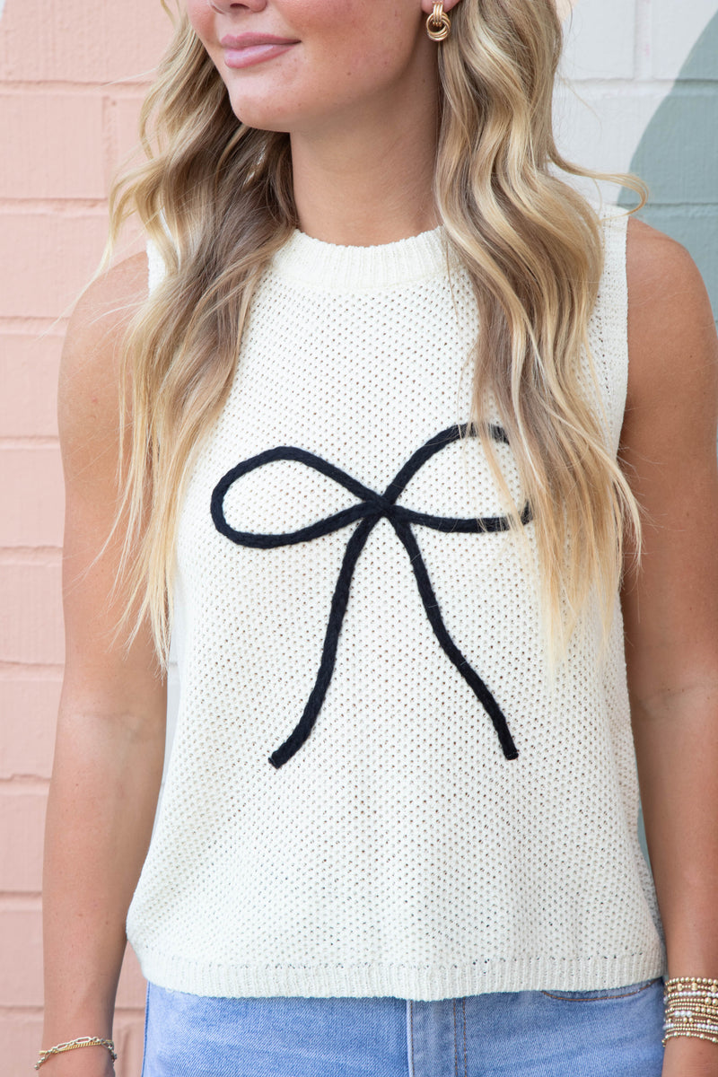 Joelle Bow Embroidered Sweater Tank, Off White