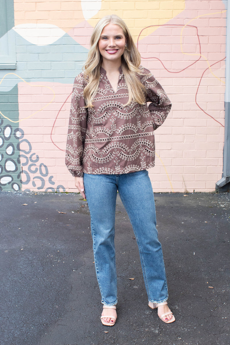 Daphne Eyelet Embroidered Blouse, Mocha