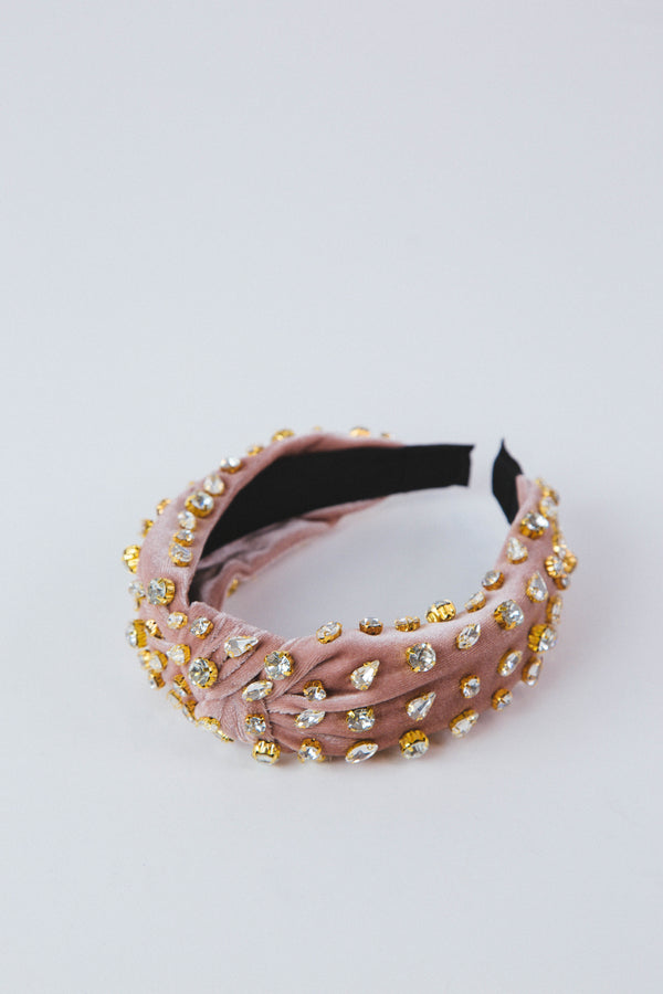 Velvet Jeweled Top Knot Headband, Dusty Pink