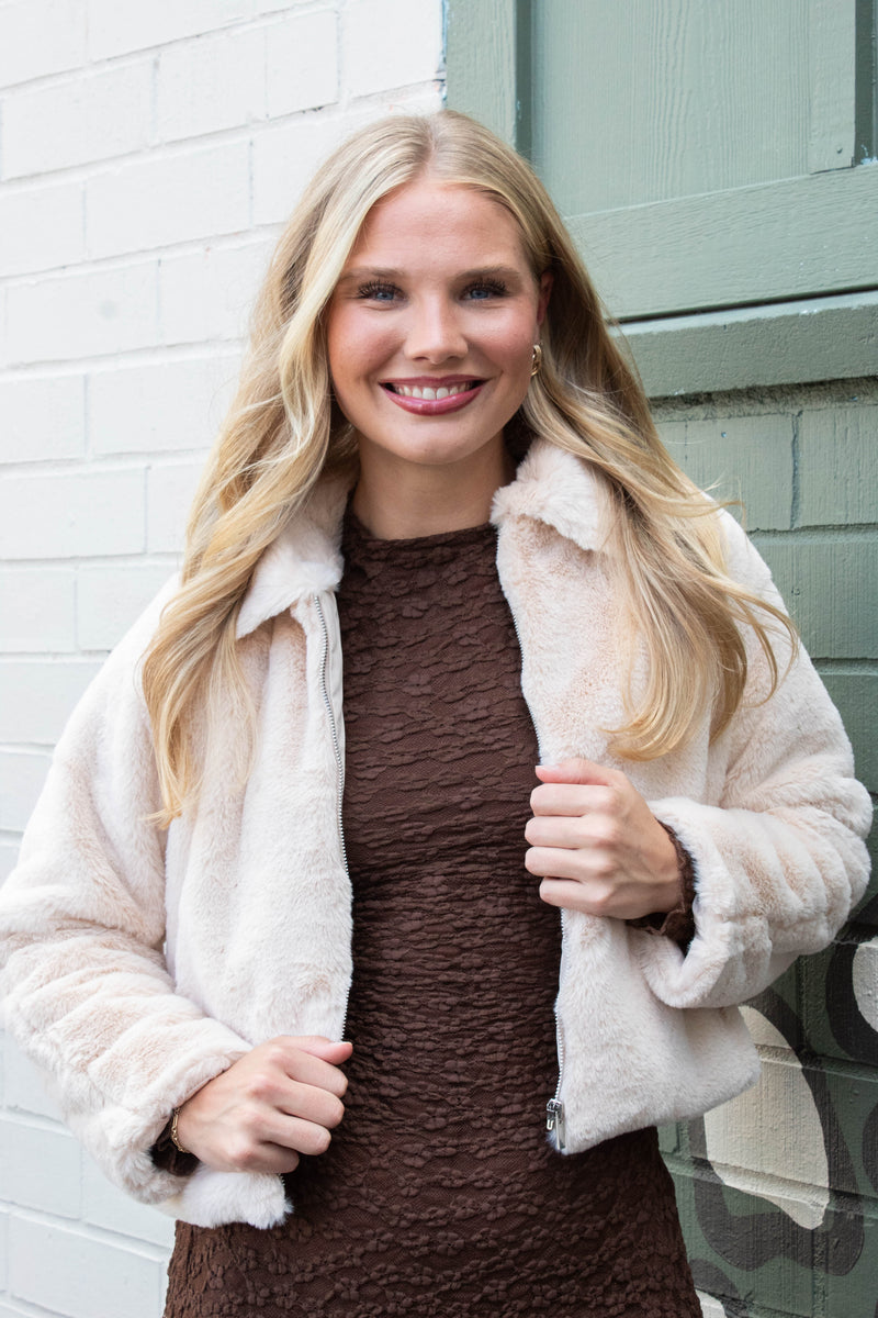 Libby Faux Fur Zip Up Jacket, Cream | Sadie & Sage