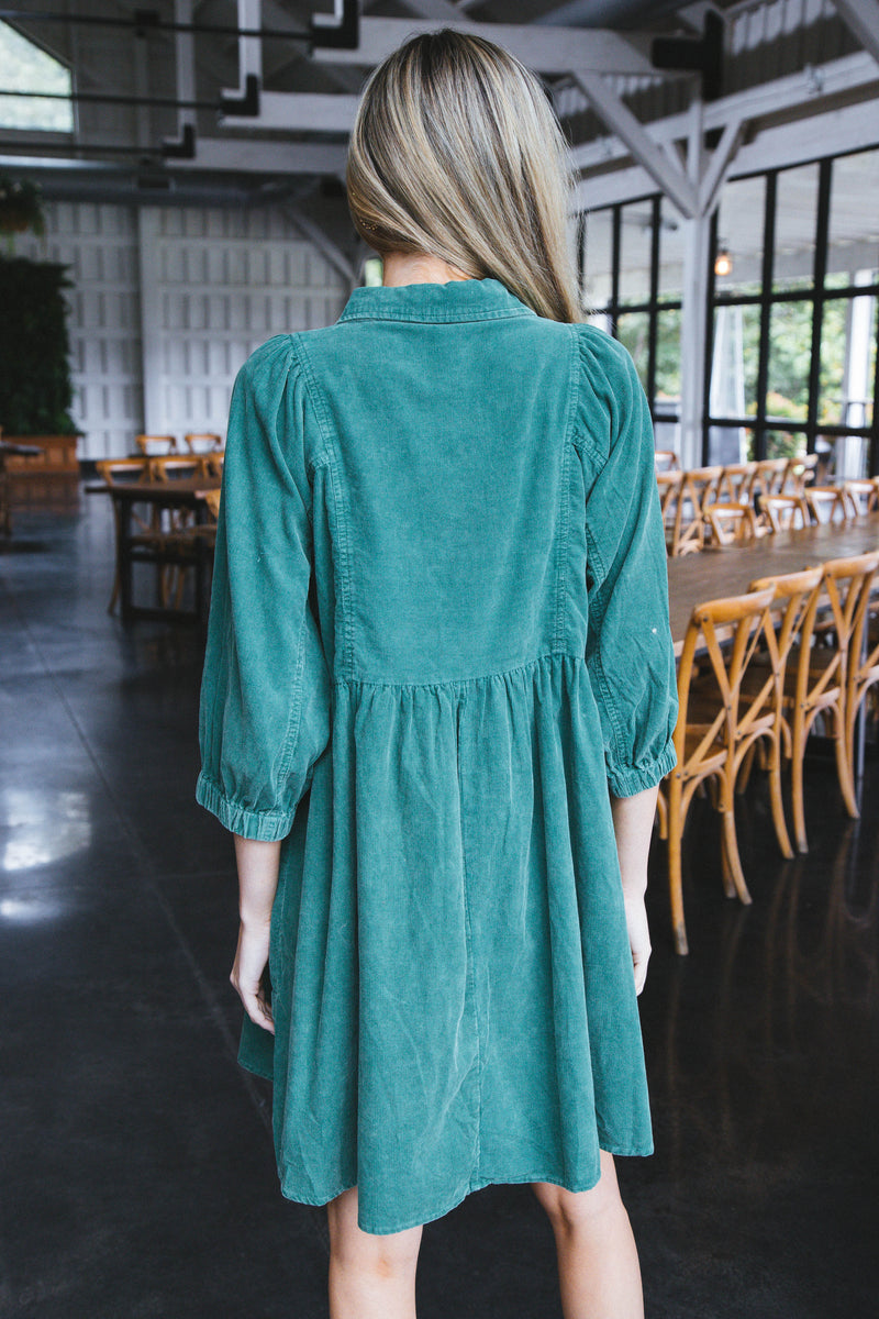Lassen Corduroy Button Up Dress, Evergreen