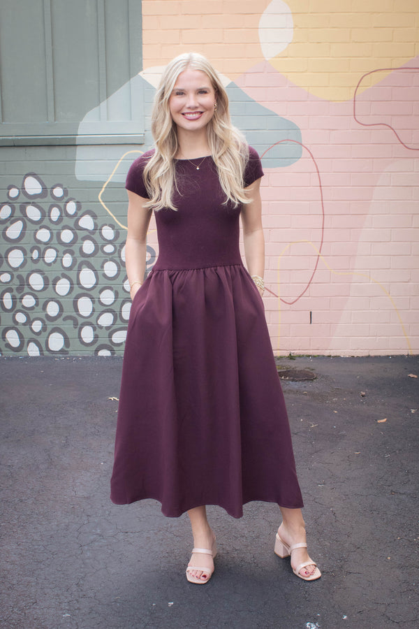 Lillian Woven Knit Mix Dress, Maroon