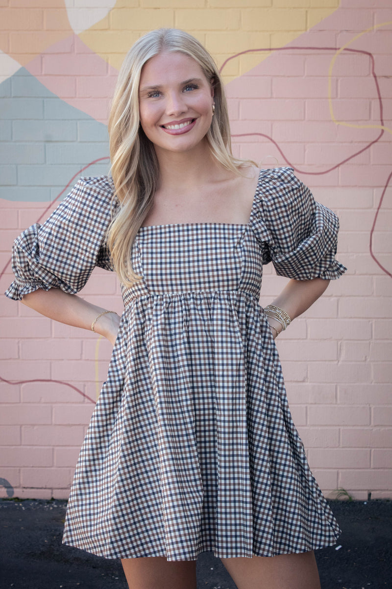 Rumi Square Neck Plaid Mini Dress, Navy/Brown
