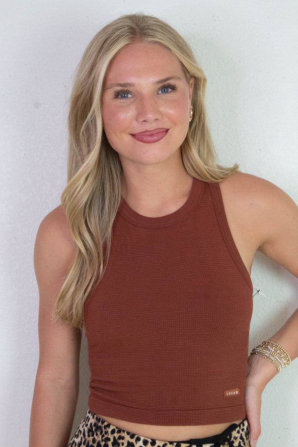 Mia High Neck Tank Bra, Wine | Cream Yoga